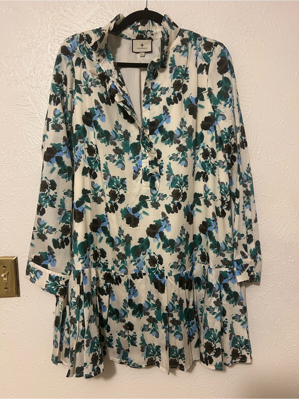 Tuckernuck Cream Floral Tiered Long-Sleeve Dress with Blue and Green Florals